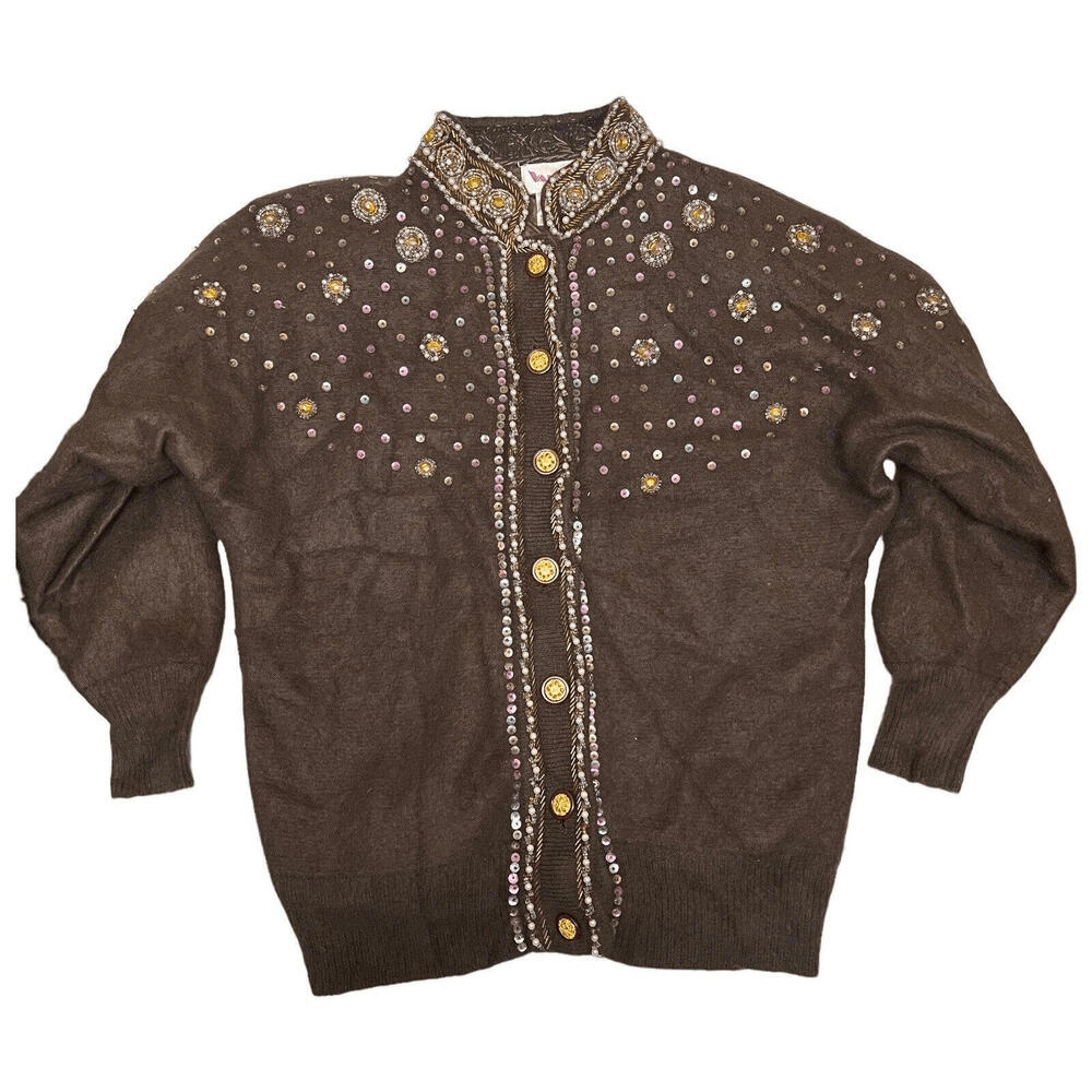 Vintage Vango Cardigan S‎ Brown Angora Beaded Embellished Mock Neck 70s Coquette